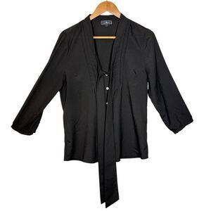 IRIS Basic Black Long Sleeve Button Up Blouse Top Size L Pleated Tie Front